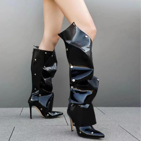 High heeled pointed metal rivet denim patchwork boots - Picture 5 of 16
